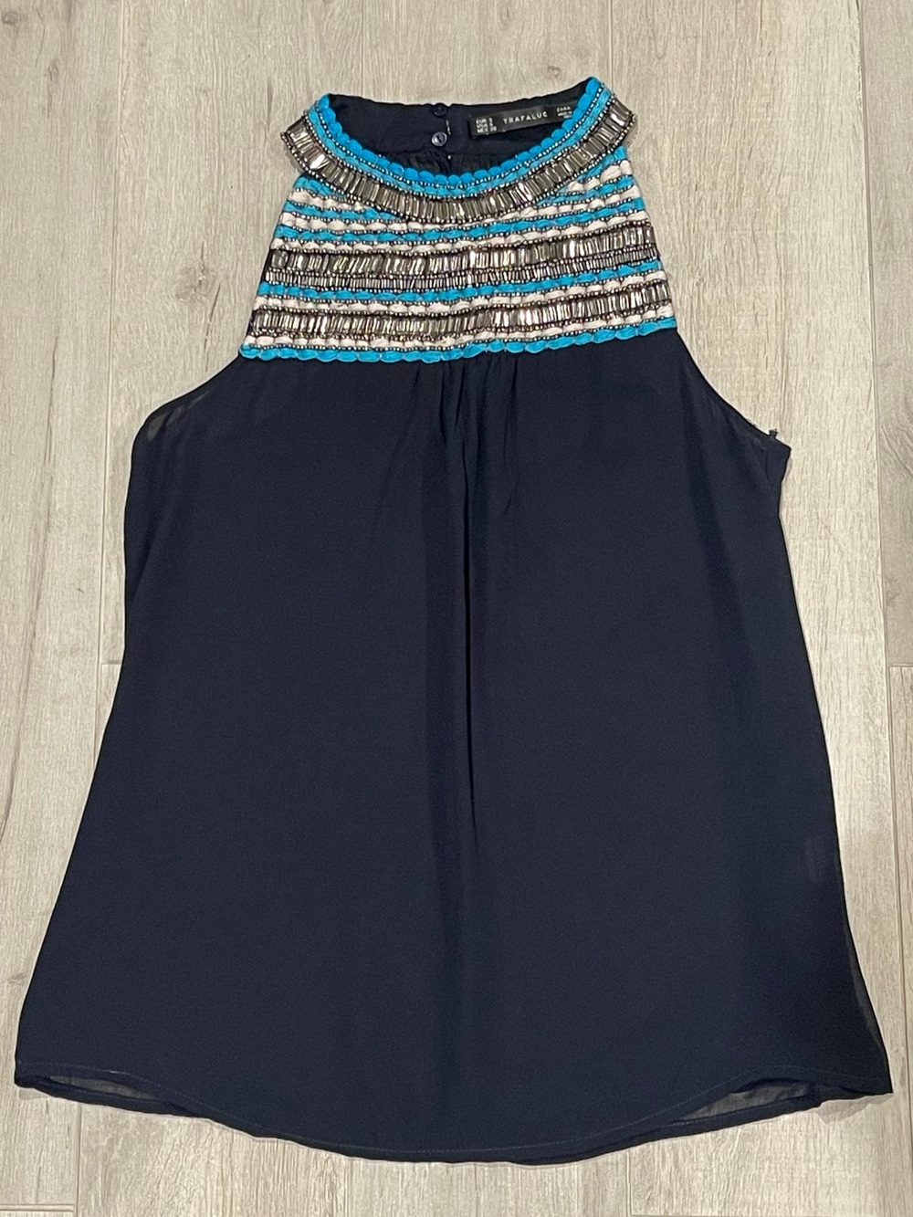 Zara Trafaluc Beaded Halter Blouse Navy Blue Size S